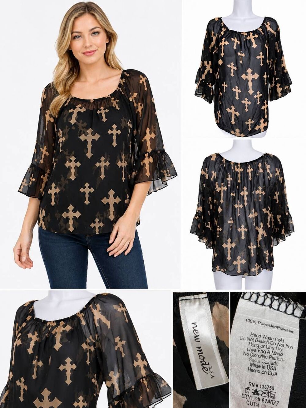 New Mode Sheer Large Cross Print Blouse Black Beige